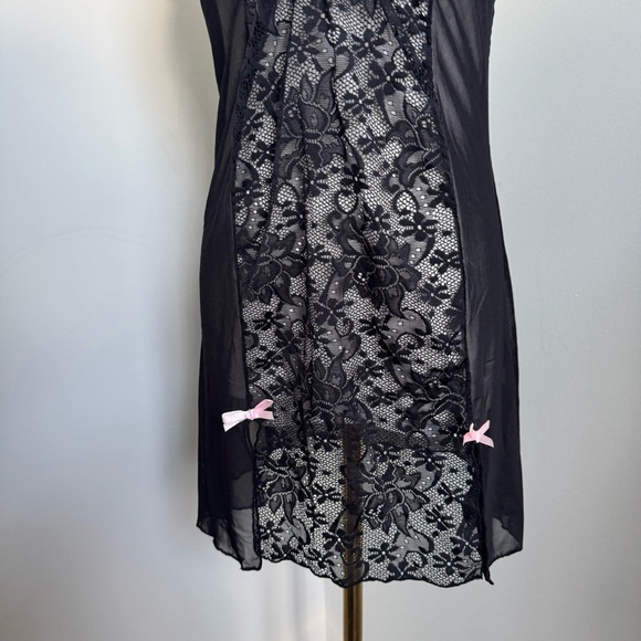 Y2K Black Lace Babydoll Slip Dress w/ Pink Bows Fairygrunge Lingerie Aesthetic - Picture 4 of 6